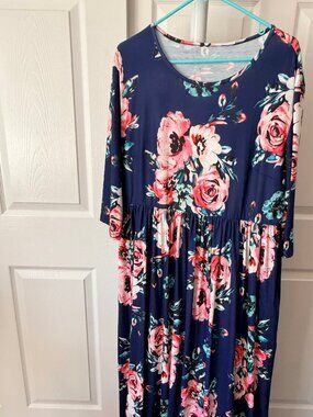 Navy Pink Floral Maxi Dress with Pockets Plus Size 2X-3X